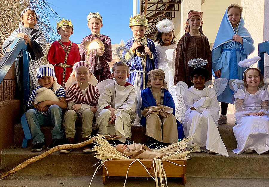 Christmas art, nativity play, and giving tree